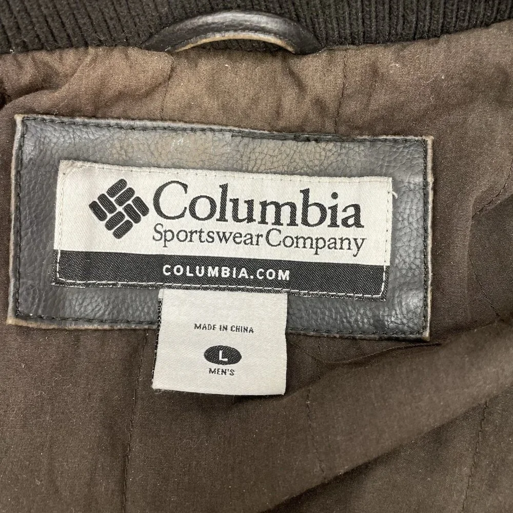 Columbia Faux Leather Bomber Jacket Aviator Distressed Full Zip Brown Mens L